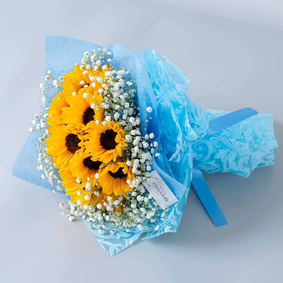 ひまわり12本とかすみ草の花束 | 広島花屋オンラインショップ花将