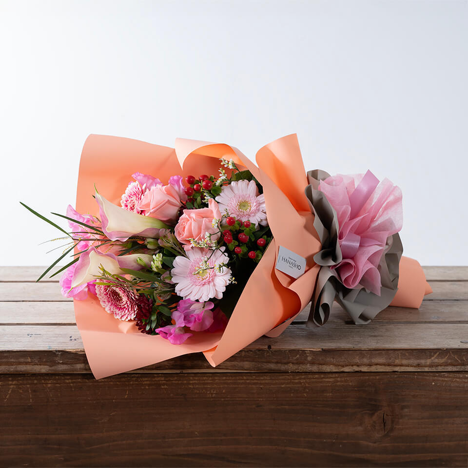 ロマンスの花束 韓国風ラッピング】ピンク系ドレスブーケ｜広島花屋オンラインショップ花将